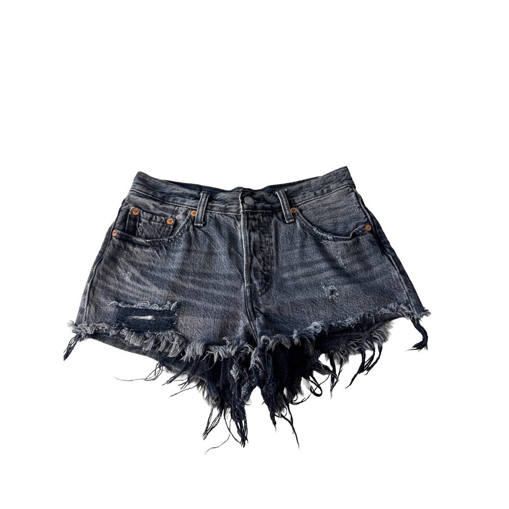 Levi's 501 Black Distressed Denim Shorts Size 26 High Rise Cutoff Jean Casual